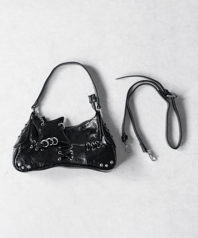 【 ショルダーストラップ付 】ピアッシングレースアップショルダーバッグ ／ piercing lace-up vintage shoulder bag