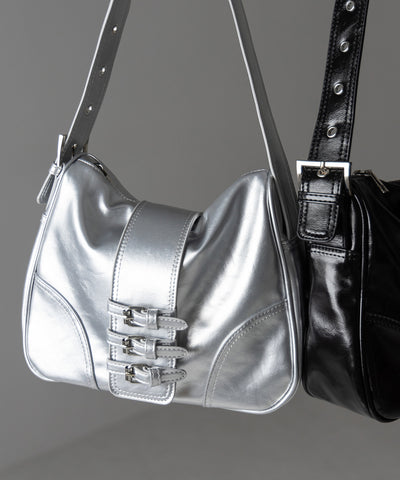 【 ３color 】ベルテッドフェイクレザーショルダーバッグ ／ belted fake leather shoulder bag