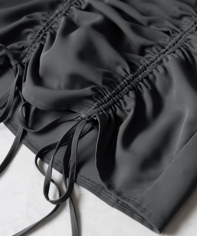 【 インパン裏地付 ／ セルフカット調節可能 】 ストラップダブルリボンシャーリングミニスカート ／ strap double ribbon shirring mini skirt