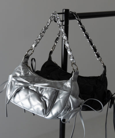【 ３color ／２WAY 】ストラップリボンキルティングチェーンショルダーバッグ ／ strap ribbon quilted chain shoulder bag
