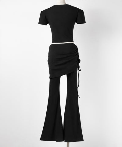 【 ワンホンセットアップ 】スクエアショートＴシャツ＋サイドシャーリングフレアパンツ ＳＥＴ ／ 【 SETUP 】square neck short T-shirts + side shirring flare pants