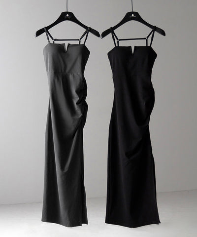 【 パッド付き 】バックストラップサイドシャーリングスリットロングキャミワンピース ／ back strap side shirring slit long cami onepiece