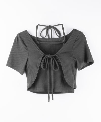 【 ２点セット 】 ２WAYストラップリブキャミソール ＋ フロントリボンショートカーディガン SET ／ 2WAY strap lib camisole + front ribbon short cardigan