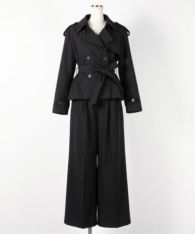 【 上下セットアップ 】ウエストマークショートトレンチコート ＋ タックワイドスラックスパンツ SETUP ／ Waist-mark short trench coat + tuck wide slacks pants