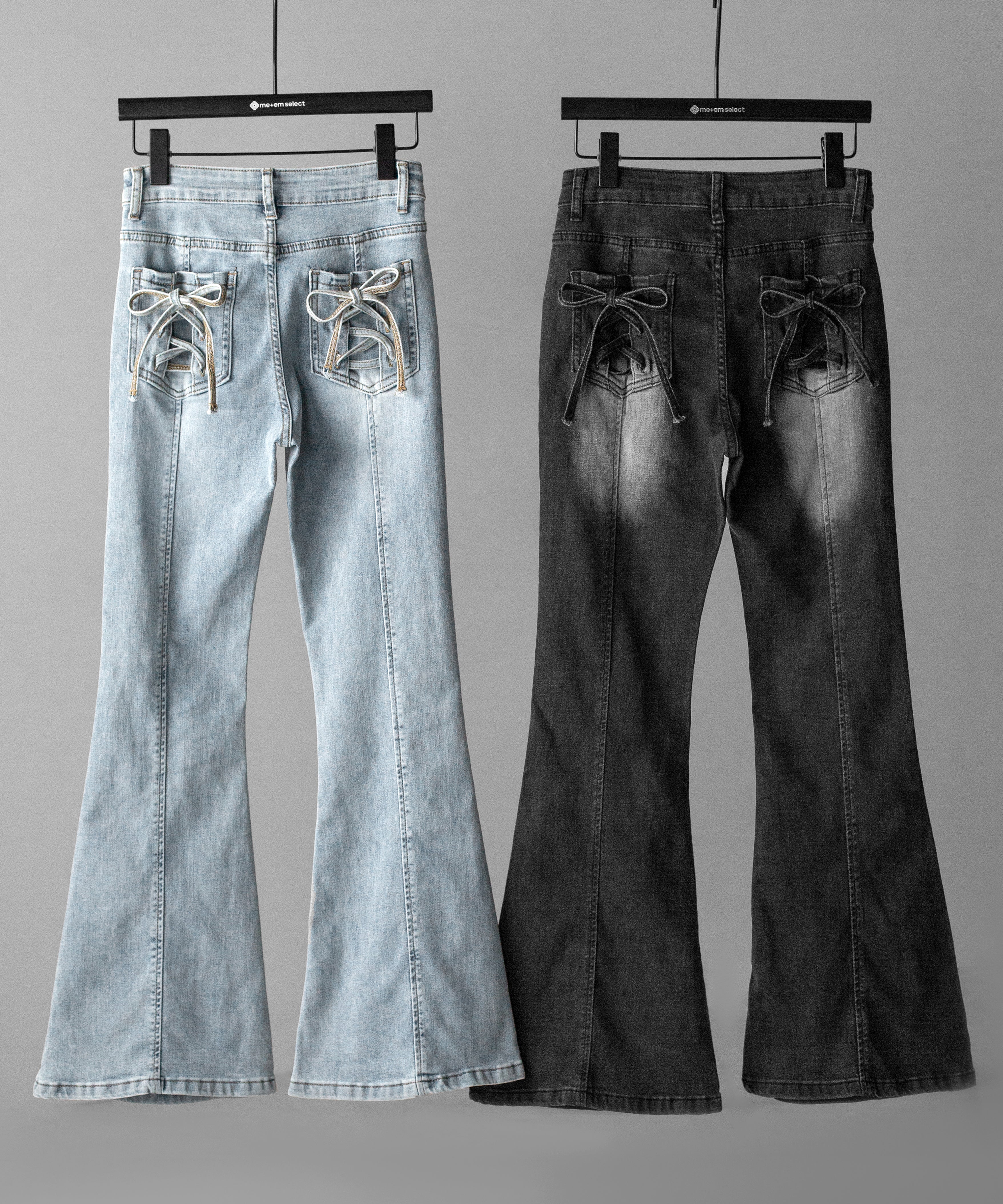 【４size 】バックリボンレースアップ美脚ストレッチフレアデニム ／ back ribbon lace up slim leg stretch flare denim