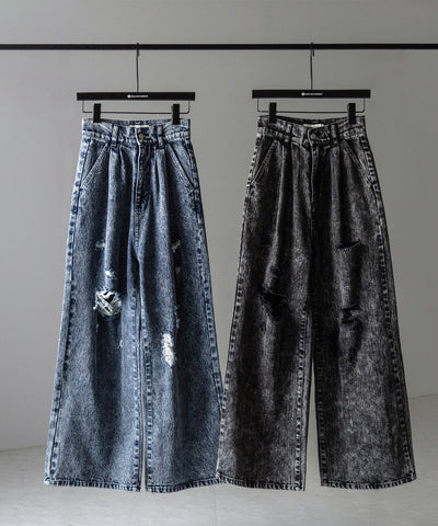 【 デニムセットアップ着用可能 】ヴィンテージケミカルブリーチタックダメージワイドデニム ／ vintage chemical bleach tuck damage wide denim