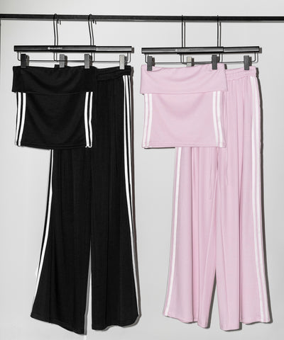 【 セットアップ 】サイドラインベアトップ＋タックワイドカットソーパンツ SETUP ／ ( SETUP ) sideline bare top + tack wide cutsew pants