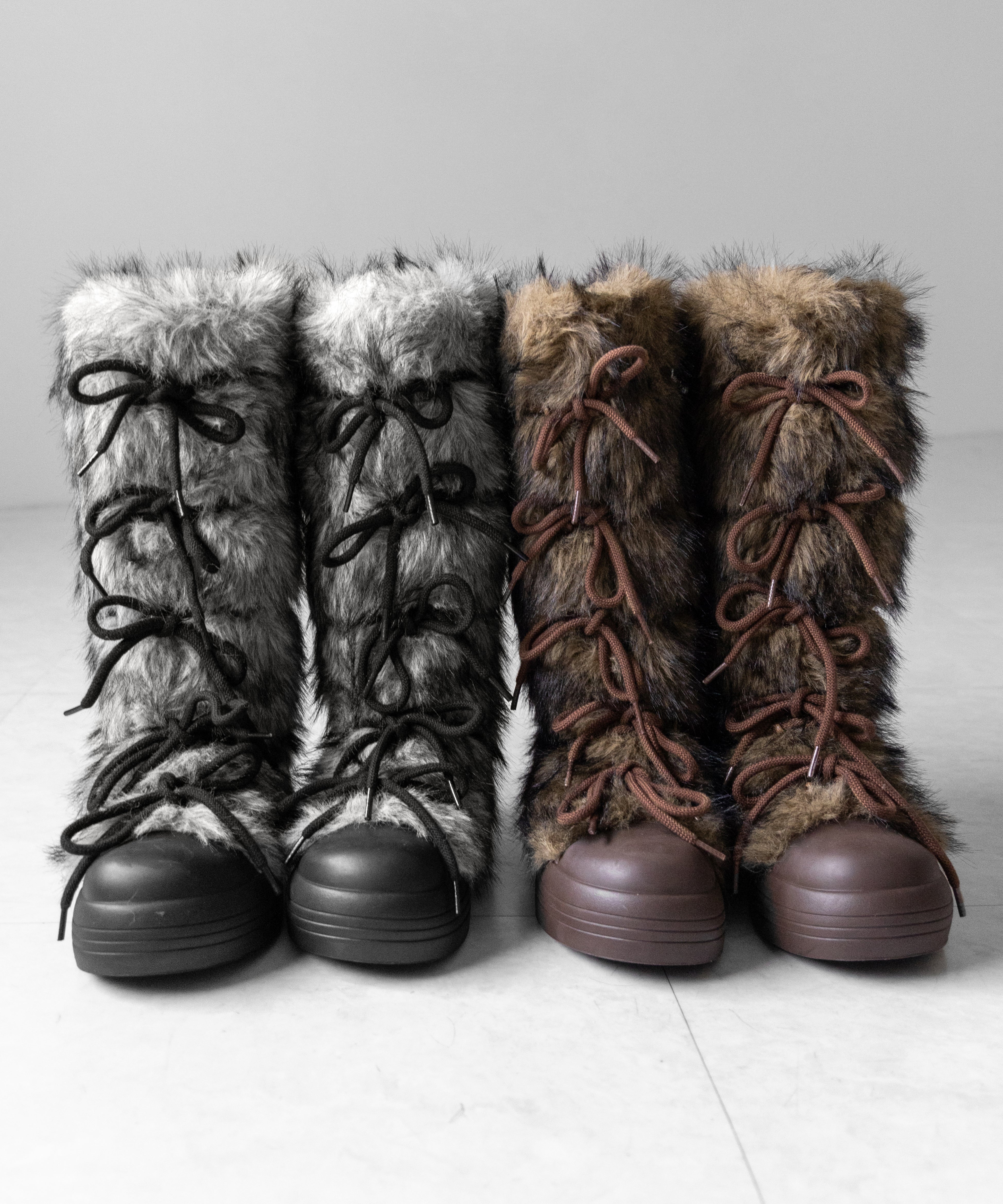 ボリュームフェイクファーレースアップロングブーツ ／ volume fake fur laceup long boots