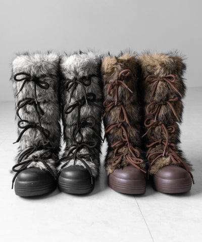 ボリュームフェイクファーレースアップロングブーツ ／ volume fake fur laceup long boots