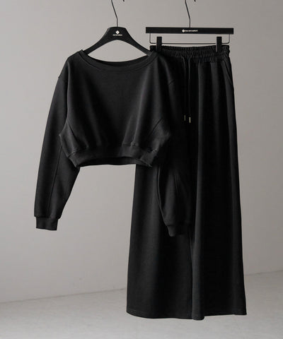 【 セットアップ 】ワンショルダーショートスウェットトップス ＋ タックワイドパンツ SET ／ off shoulder short sweat tops & tack wide pants SET
