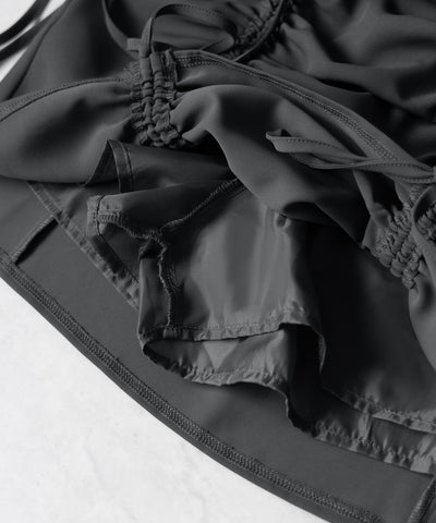【 インパン裏地付 ／ セルフカット調節可能 】 ストラップダブルリボンシャーリングミニスカート ／ strap double ribbon shirring mini skirt