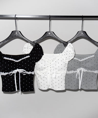 ドットレースリボンギャザーオフショルトップス ／ dot lace ribbon gathered off shoulder tops