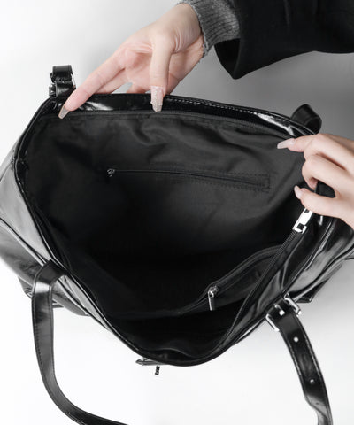 【 A4収納可 】デザインベルトフェイクレザースクエアトートバッグ ／ design belt fake leather square tote bag