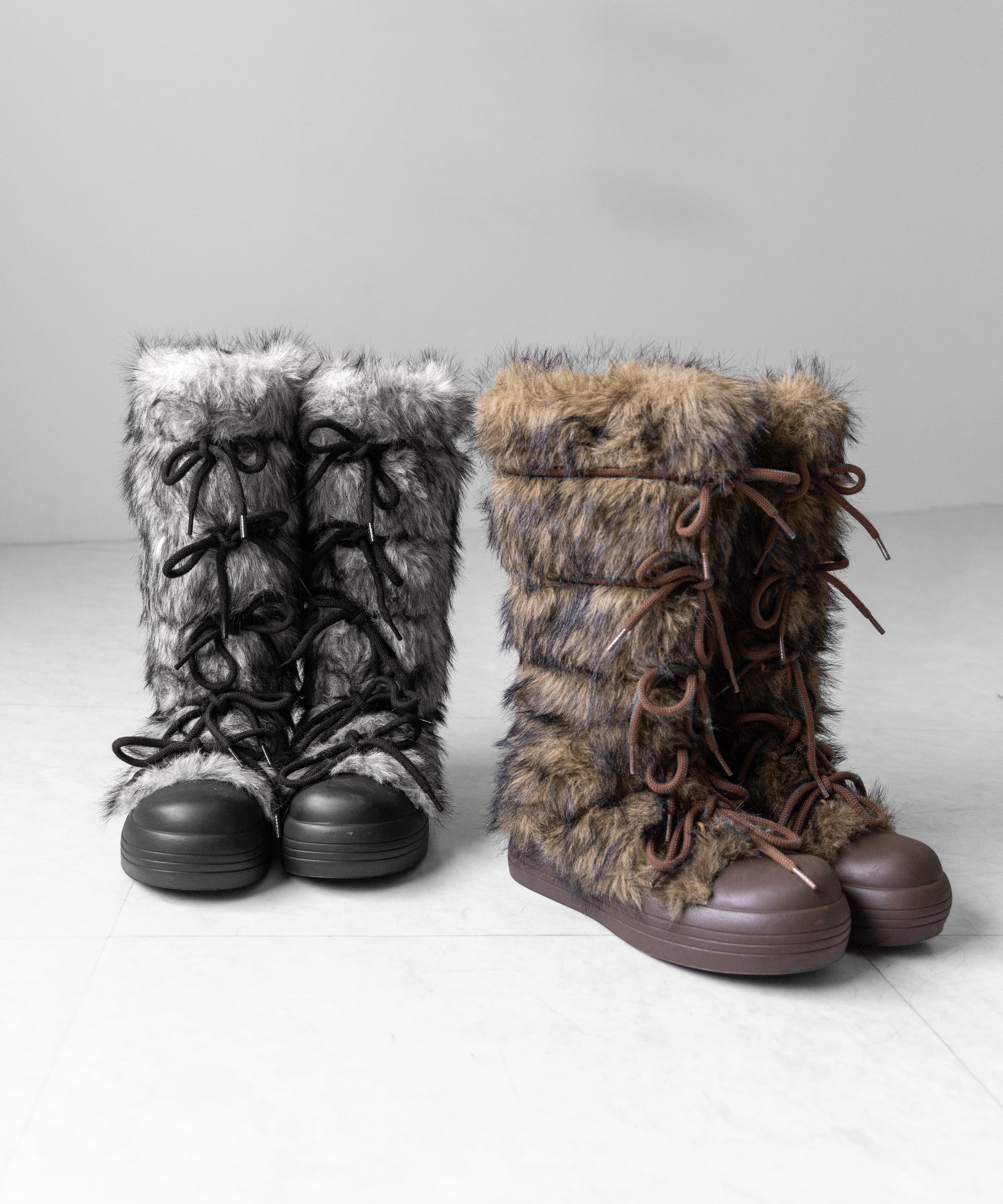 ボリュームフェイクファーレースアップロングブーツ ／ volume fake fur laceup long boots