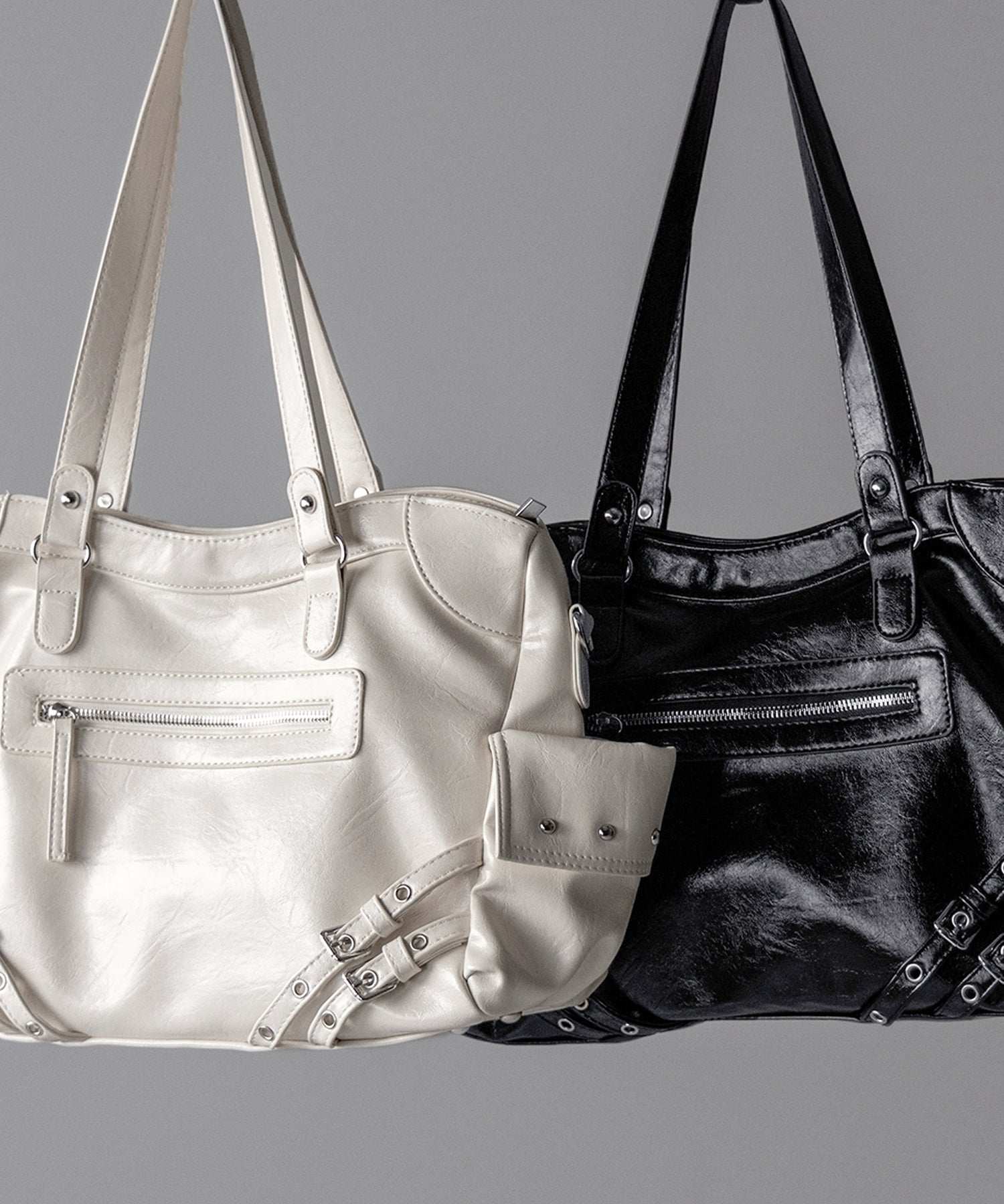 【 ショルダーストラップ付き２WAY 】ベルトデザインスタッズポケットヴィンテージショルダーバッグ ／ ( ２WAY ) belt design studs pocket vintage shoulder bag