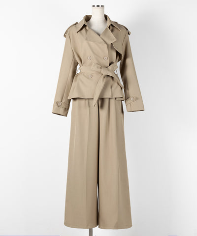 【 上下セットアップ 】ウエストマークショートトレンチコート ＋ タックワイドスラックスパンツ SETUP ／ Waist-mark short trench coat + tuck wide slacks pants