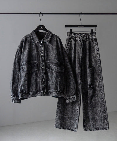 【 デニムセットアップ着用可能 】ヴィンテージケミカルブリーチタックダメージワイドデニム ／ vintage chemical bleach tuck damage wide denim