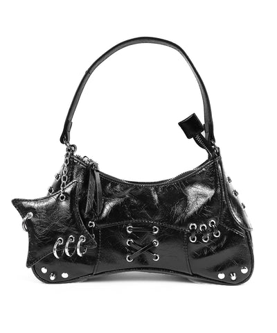 【 ショルダーストラップ付 】ピアッシングレースアップショルダーバッグ ／ piercing lace-up vintage shoulder bag