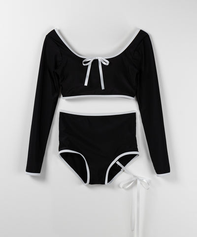 【 レディース水着／２点セット 】フロントリボンモノトーンハイウエストビキニ ／ front ribbon monotone high waist bikini