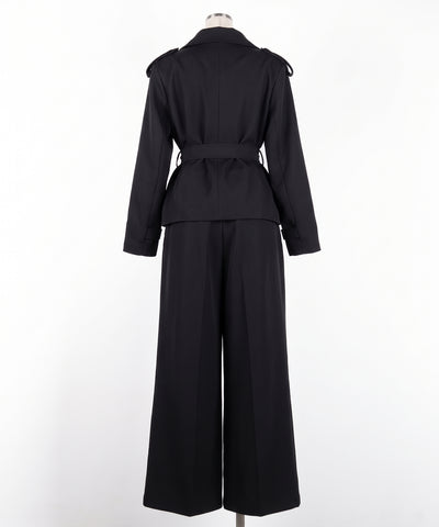 【 上下セットアップ 】ウエストマークショートトレンチコート ＋ タックワイドスラックスパンツ SETUP ／ Waist-mark short trench coat + tuck wide slacks pants