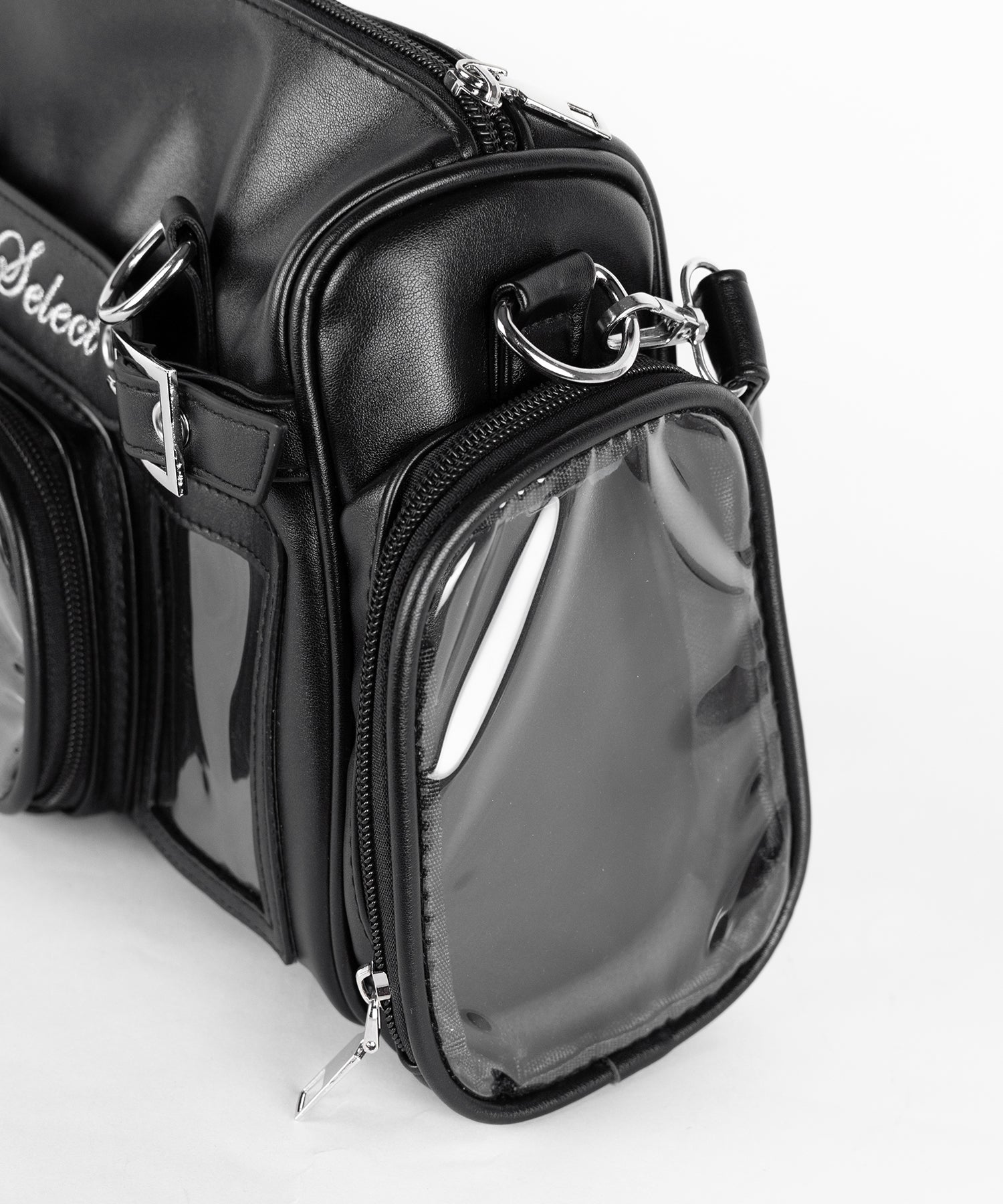 クリアポケット付きレタリング刺繍ショルダーバッグ ／ clear pocket lettering embroidery shoulder bag