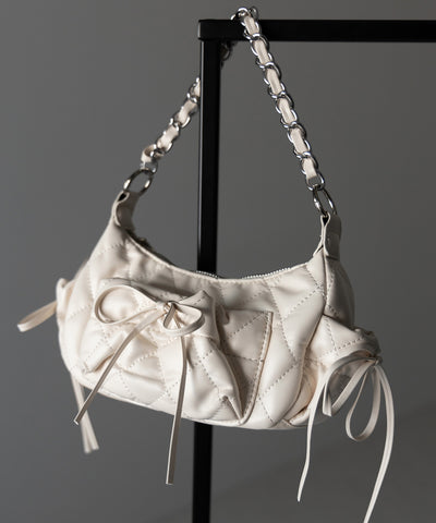 【 ３color ／２WAY 】ストラップリボンキルティングチェーンショルダーバッグ ／ strap ribbon quilted chain shoulder bag