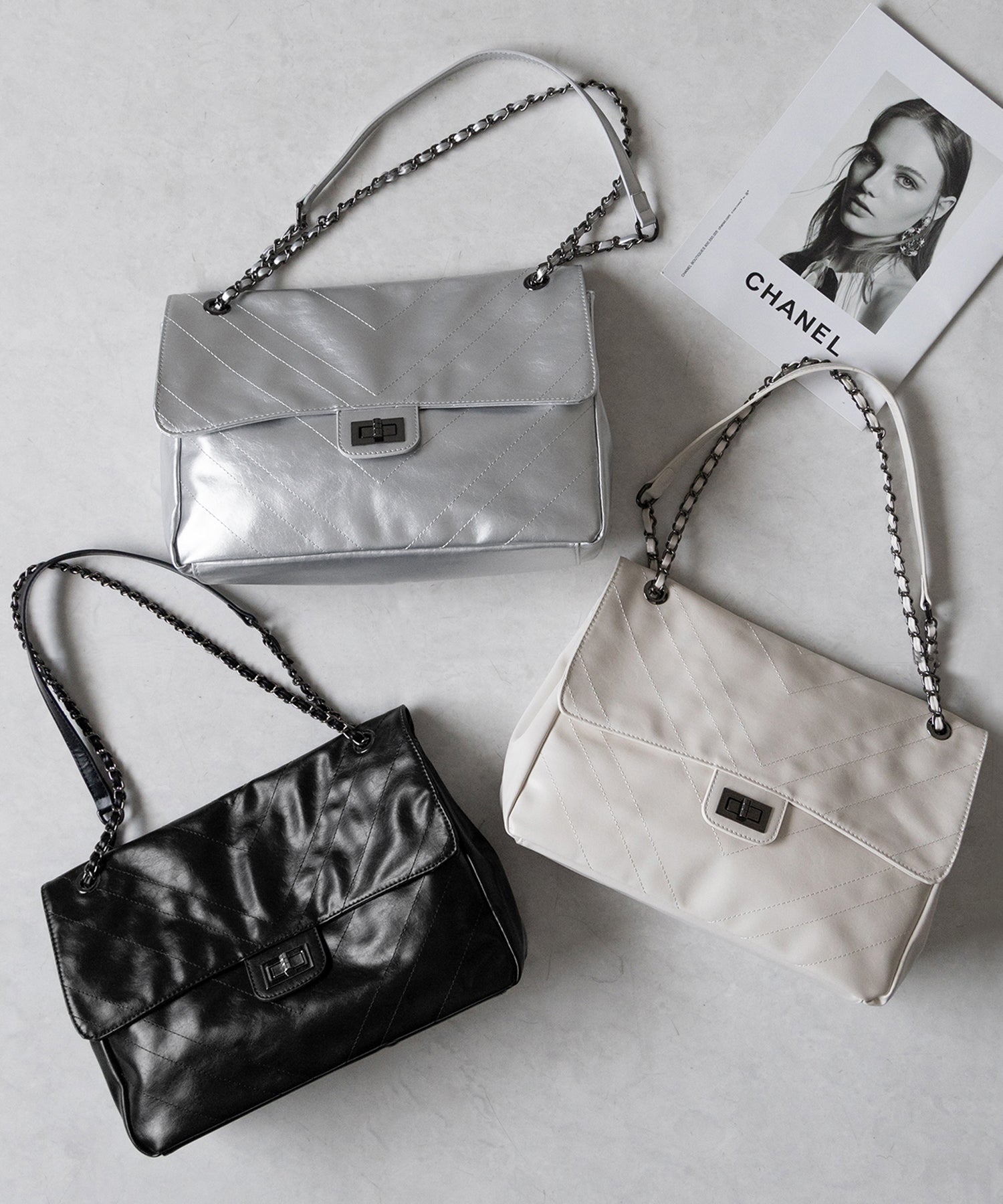 【 ３color 】２WAY チェーンフェイクレザーフラップショルダーバッグ ／ 2WAY chain fake leather flap shoulder bag