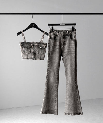 【 セットアップ 】ヴィンテージライクデニムビスチェ ＋ ストレッチフレアデニム SET ／ 【 SET UP 】 vintage like denim bustier + stretch flare denim