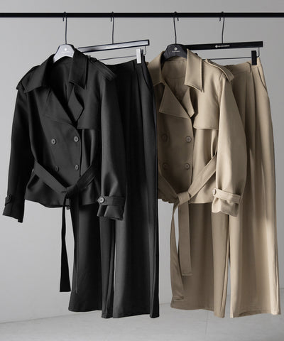 【 上下セットアップ 】ウエストマークショートトレンチコート ＋ タックワイドスラックスパンツ SETUP ／ Waist-mark short trench coat + tuck wide slacks pants