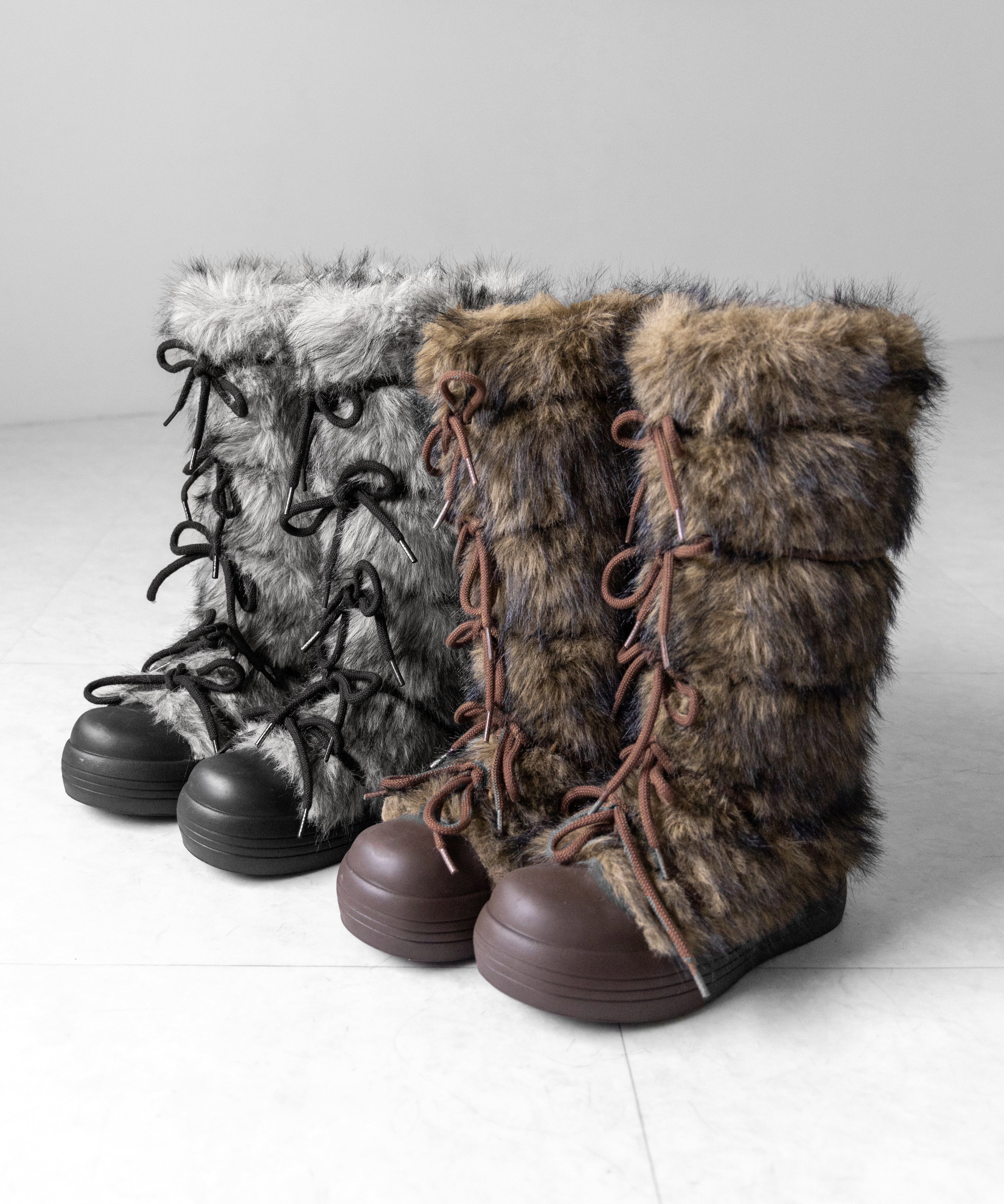 ボリュームフェイクファーレースアップロングブーツ ／ volume fake fur laceup long boots