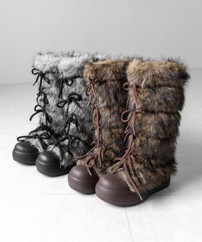 ボリュームフェイクファーレースアップロングブーツ ／ volume fake fur laceup long boots