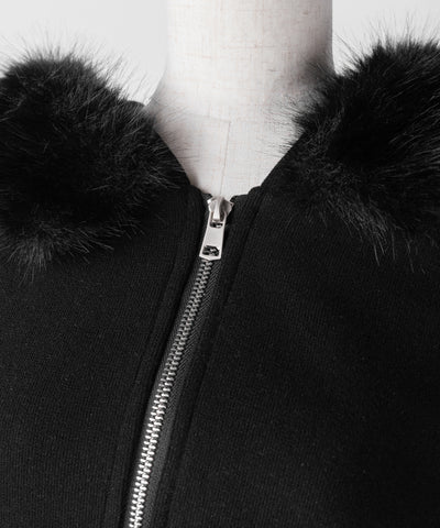 【 セットアップ 】ファーフードショートパーカー＆スウェットフレアパンツ ／ Fur short hoodie ＆ sweat flare pants SETUP