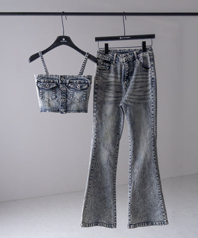 【 セットアップ 】ヴィンテージライクデニムビスチェ ＋ ストレッチフレアデニム SET ／ 【 SET UP 】 vintage like denim bustier + stretch flare denim