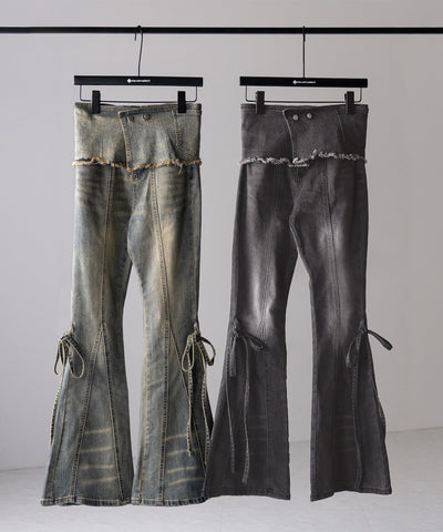 【 ２color ／ ４size 】ストラップリボンヴィンテージストレッチフレアデニム ／ strap ribbon vintage stretch flare denim