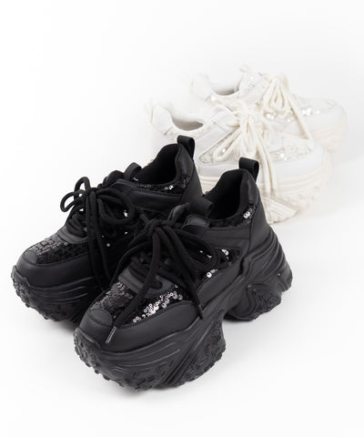 【 +10.5cm盛れ 】スパンコールレースアップ厚底スニーカー ／ +10.5cm spangle lace-up platform sneakers