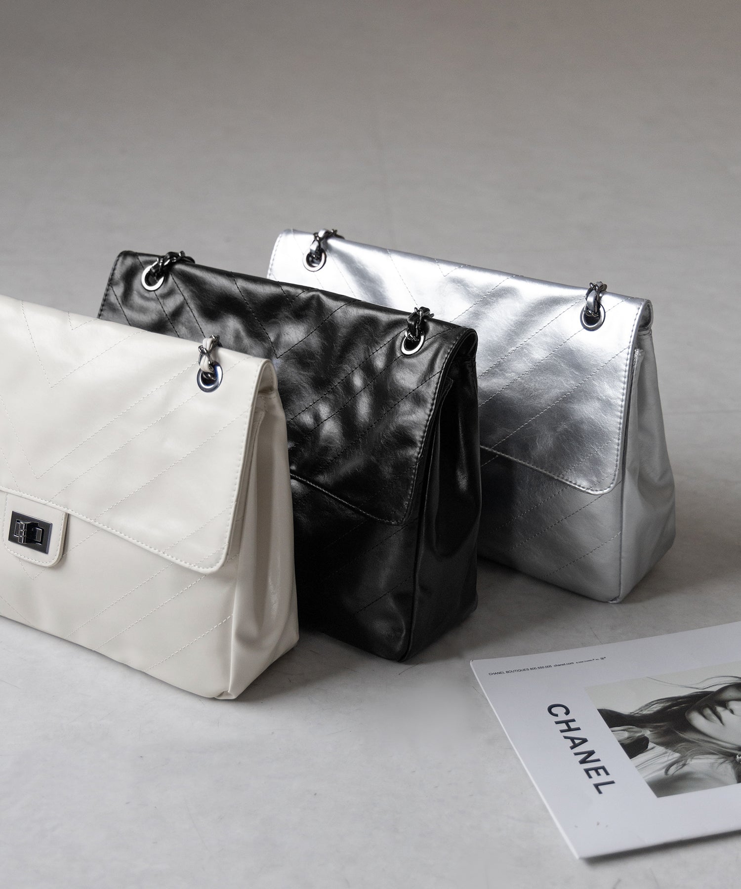 【 ３color 】２WAY チェーンフェイクレザーフラップショルダーバッグ ／ 2WAY chain fake leather flap shoulder bag
