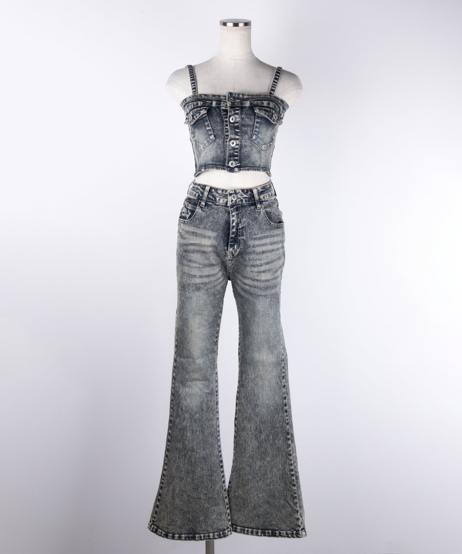 【 セットアップ 】ヴィンテージライクデニムビスチェ ＋ ストレッチフレアデニム SET ／ 【 SET UP 】 vintage like denim bustier + stretch flare denim
