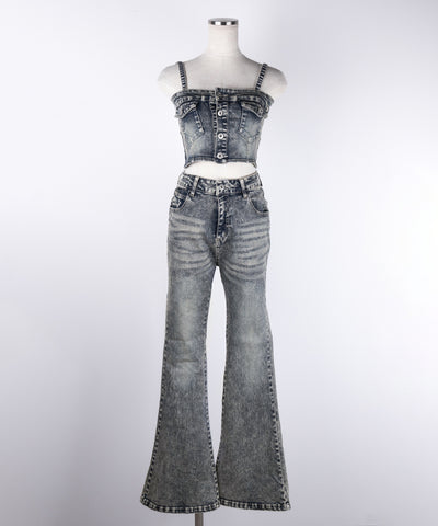 【 セットアップ 】ヴィンテージライクデニムビスチェ ＋ ストレッチフレアデニム SET ／ 【 SET UP 】 vintage like denim bustier + stretch flare denim