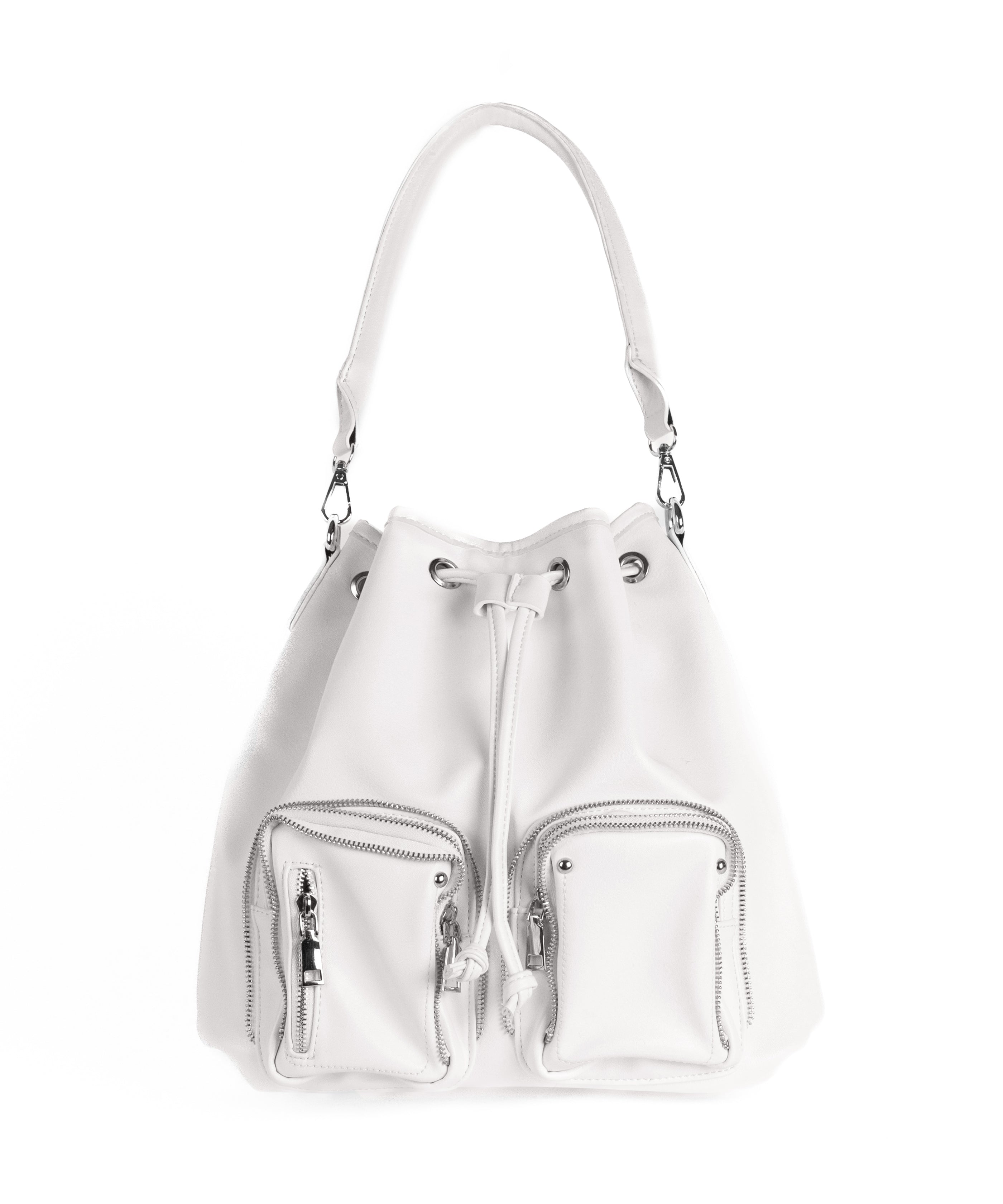 【 ２WAY 】ダブルジップアウトポケットフェイクレザー巾着ショルダーバッグ ／ ( 2WAY ) double zip out pocket fake leather drawstring shoulder bag