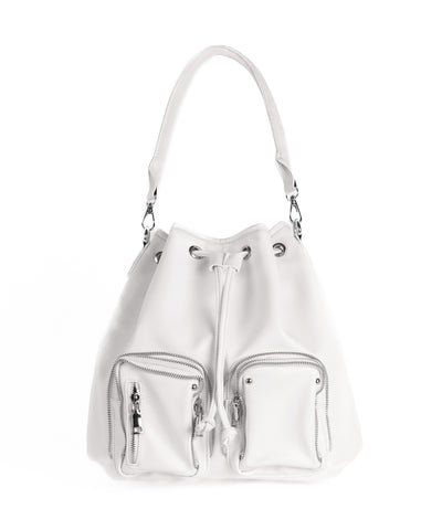 【 ２WAY 】ダブルジップアウトポケットフェイクレザー巾着ショルダーバッグ ／ ( 2WAY ) double zip out pocket fake leather drawstring shoulder bag