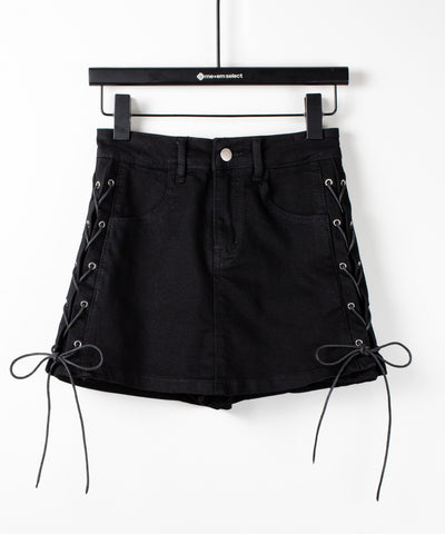 レースアップストレッチデニムミニスカパン ／ lace up stretch denim mini skirt pants