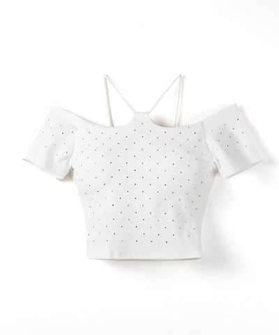 ラインストーンクロスネックショートTシャツ ／ Rhine stone cross neck short T-shirts
