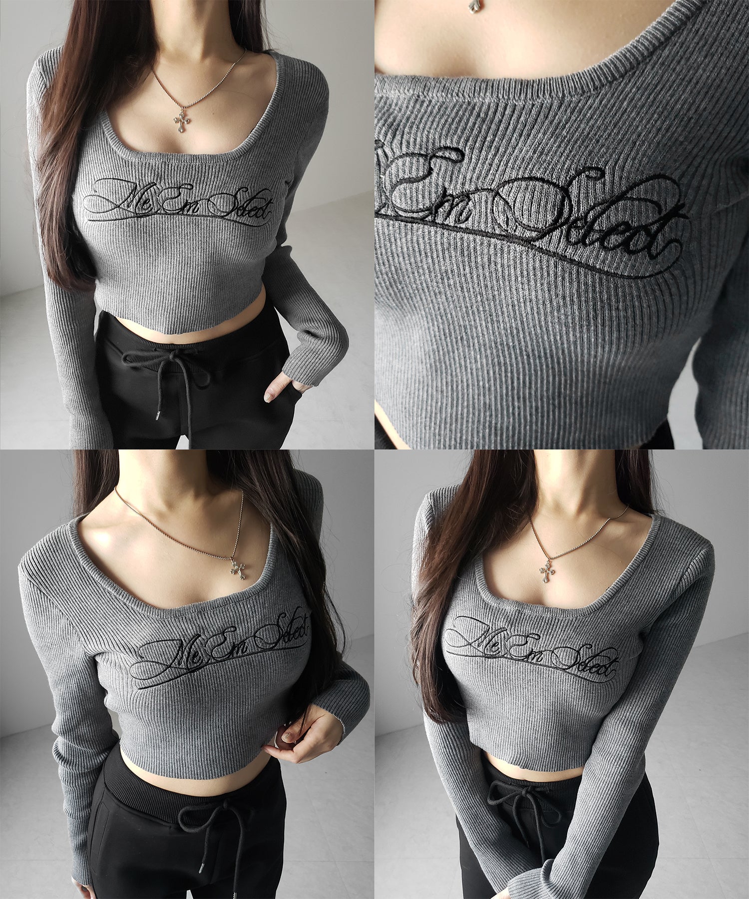 レタリングロゴ刺繍スクエアネックショートリブニットトップス ／ lettering logo embroidery square neck short rib knit tops