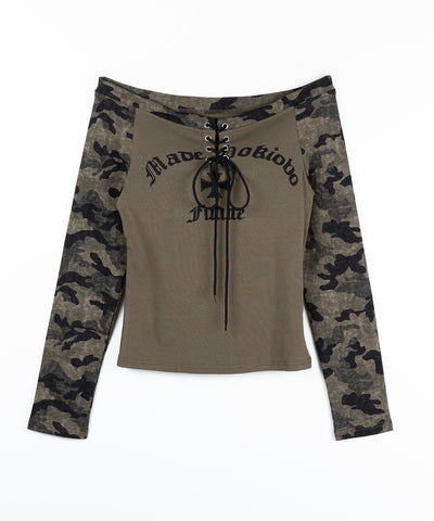 ヴィンテージカモフラロゴオフショルロンT ／vintage camouflage logo off-shoulder long-sleeve T-shirt