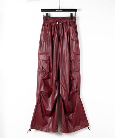 【 選べる４size ／ ２color 】２WAY ドロストフェイクレザーワイドカーゴパンツ ／ 2WAY drawstring fake leather wide cargo pants