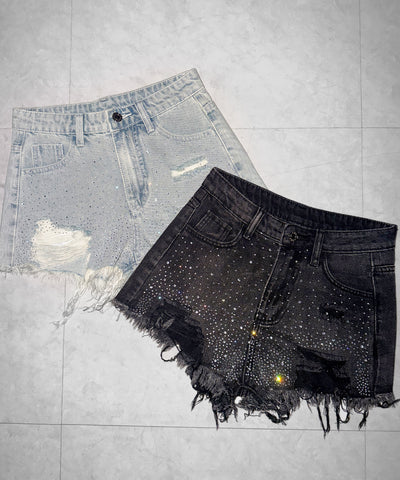 ラインストーンクラッシュダメージデニムショートパンツ／Rhinestone crash damage denim short pants
