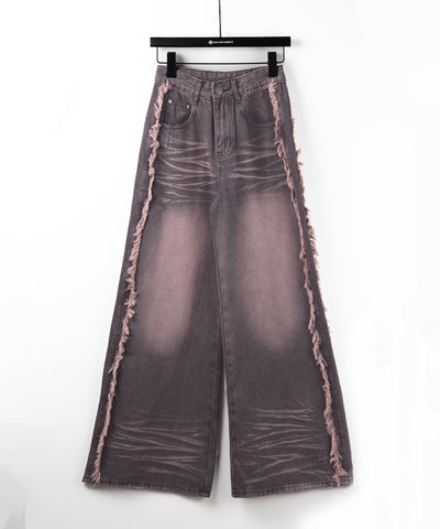 【 ３SIZE 】ヴィンテージピンクウォッシュダメージワイドデニム ／ vintage pink wash damage wide denim