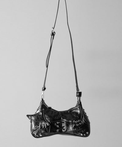 【 ショルダーストラップ付 】ピアッシングレースアップショルダーバッグ ／ piercing lace-up vintage shoulder bag