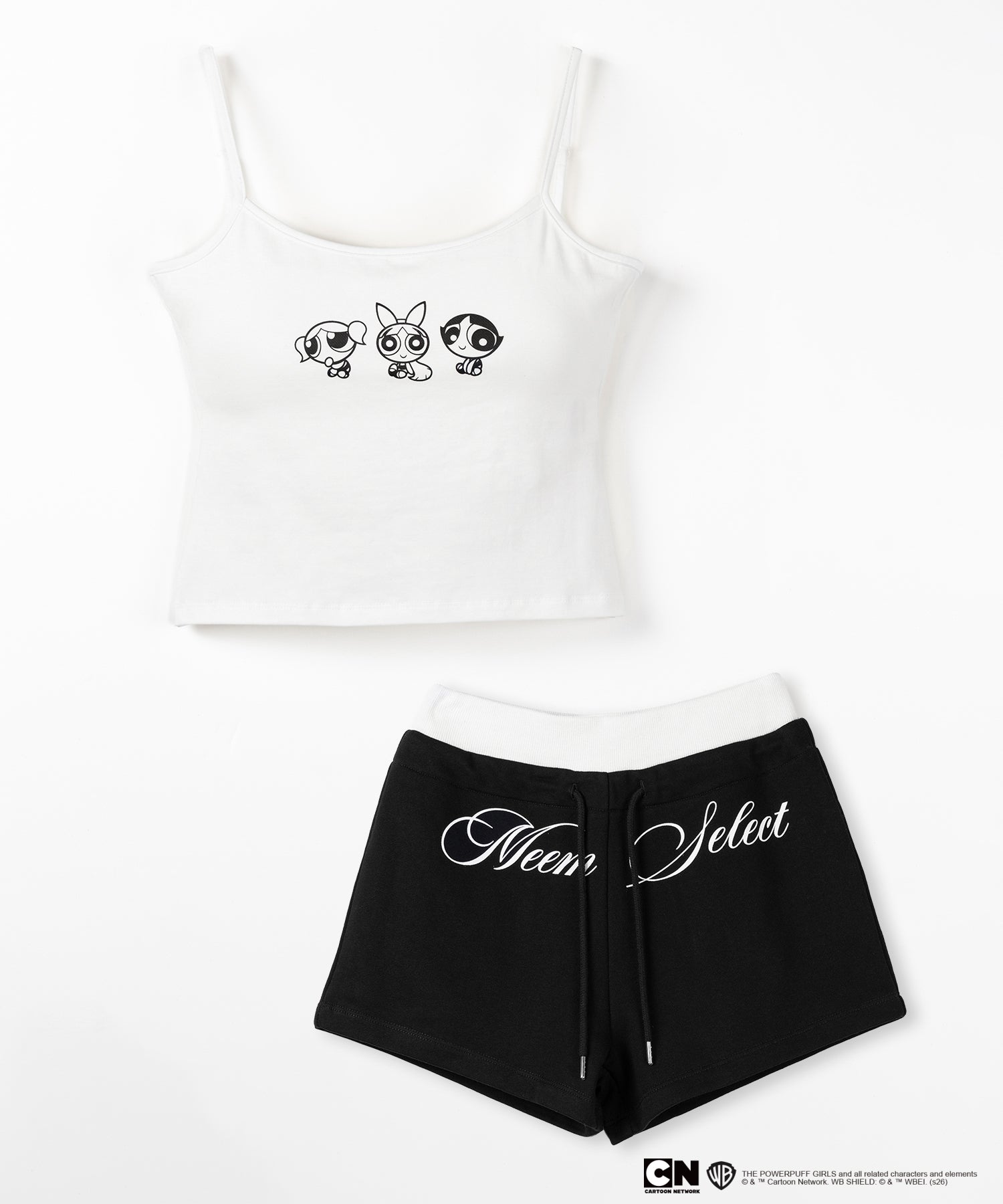 【THE POWERPUFF GIRLS】SETUP パワーパフガールズスクエアネックスリムキャミソール＆レタリングロゴショートパンツ / square neck slim camisole & lettering logo short pants