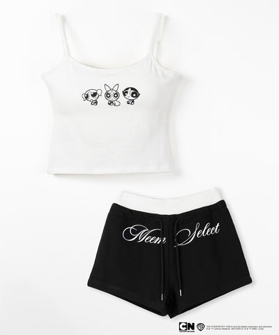 【THE POWERPUFF GIRLS】SETUP パワーパフガールズスクエアネックスリムキャミソール＆レタリングロゴショートパンツ / square neck slim camisole & lettering logo short pants